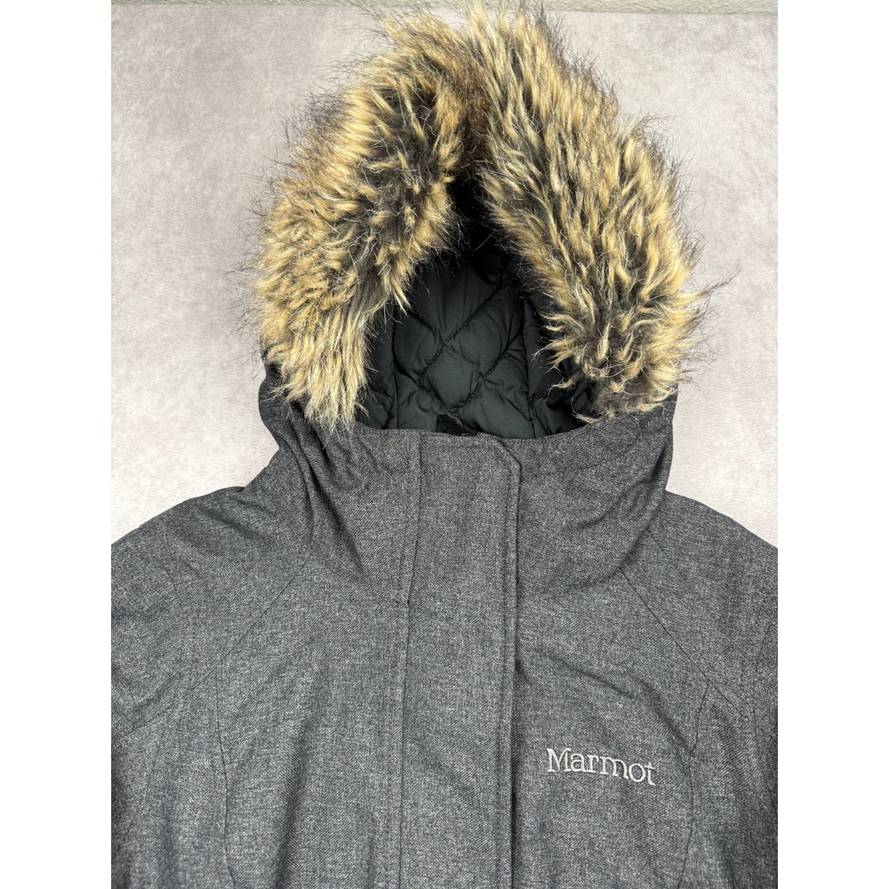 Marmot Chelsea Down Coat Gray Heathered Faux Fur Hood Waterproof Parka Womens M - Picture 8 of 16